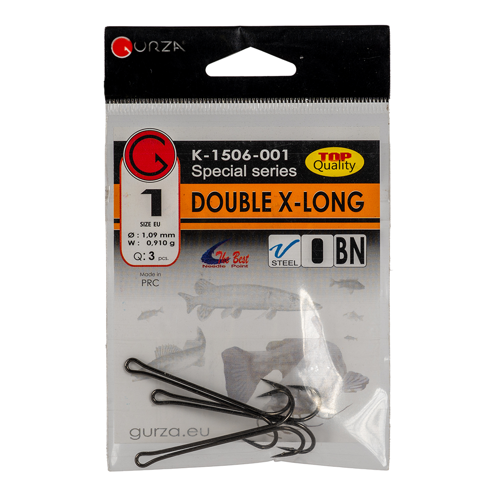 Крючок Gurza Double Hook X - Long Shank  №1 3шт/уп BN  VANADIUM. Фото №1