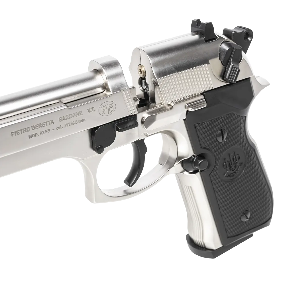 Пистолет пневматический Beretta M92 FS (никель с чёрными пластиковыми накладками). Фото №5