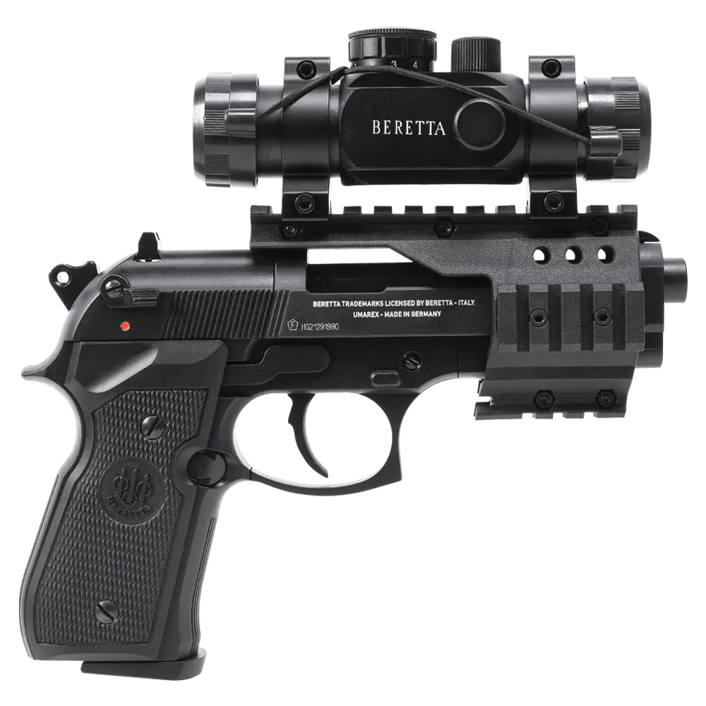 Пистолет пневматический Beretta M92 FS (глушитель, коллиматор, чёрный с чёрными пластиковыми накладками). Фото №1