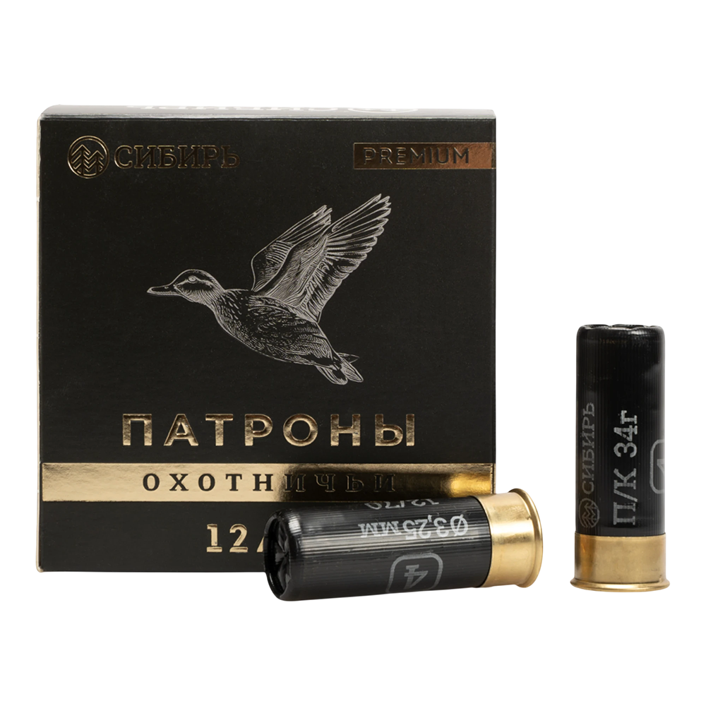 Патрон СИБИРЬ PREMIUM 12/70 охотничий дробовой 34г №4 (CX-2000) (пачка 25 шт) (в коробке 250шт). Фото №1