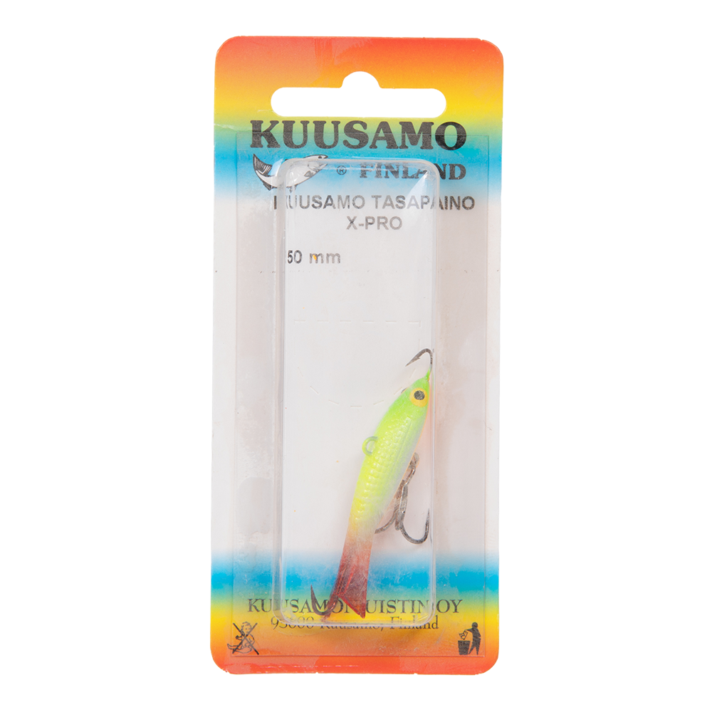 Балансир Kuusamo Tasapaino X-PRO 50мм, 6гр, цвет (GLOW/FRG/FYE/W-O) с тройником. Фото №1