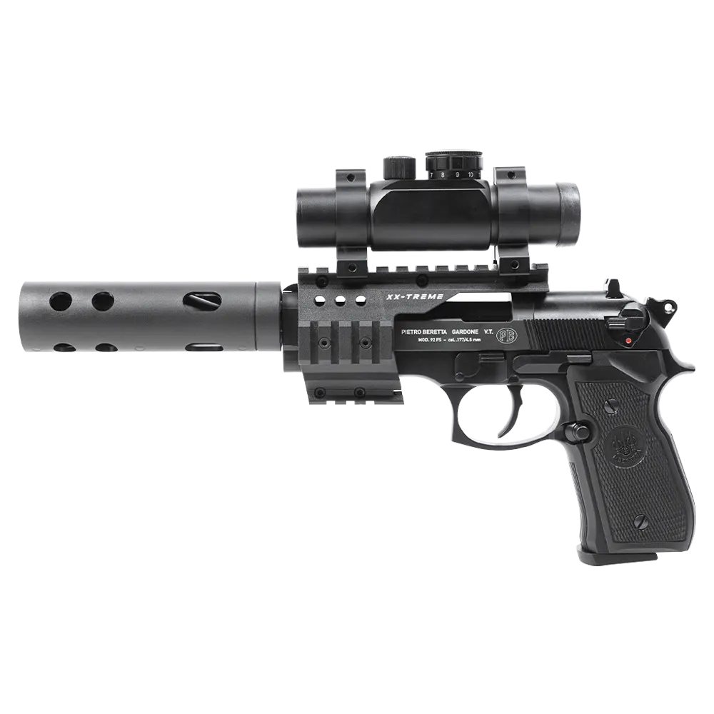 Пистолет пневматический Beretta M92 FS (глушитель, коллиматор, чёрный с чёрными пластиковыми накладками). Фото №7