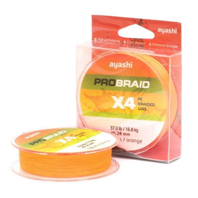 Плетеный шнур Ayashi PRO BRAID-X4 (orange) d-0,25mm. Фото №1