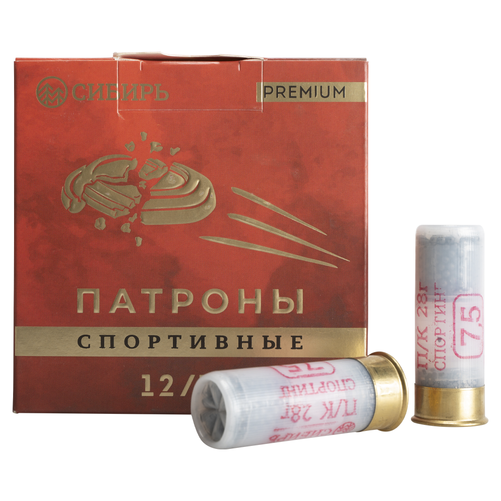 Патрон СИБИРЬ 12/70  охотничий дробовой №7,5 Спортинг Premium 28г(СХ-2000)(пачка 25 шт)(в коробке 250шт). Фото №1