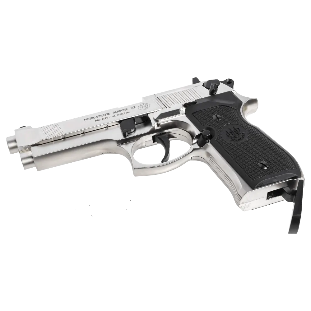 Пистолет пневматический Beretta M92 FS (никель с чёрными пластиковыми накладками). Фото №6