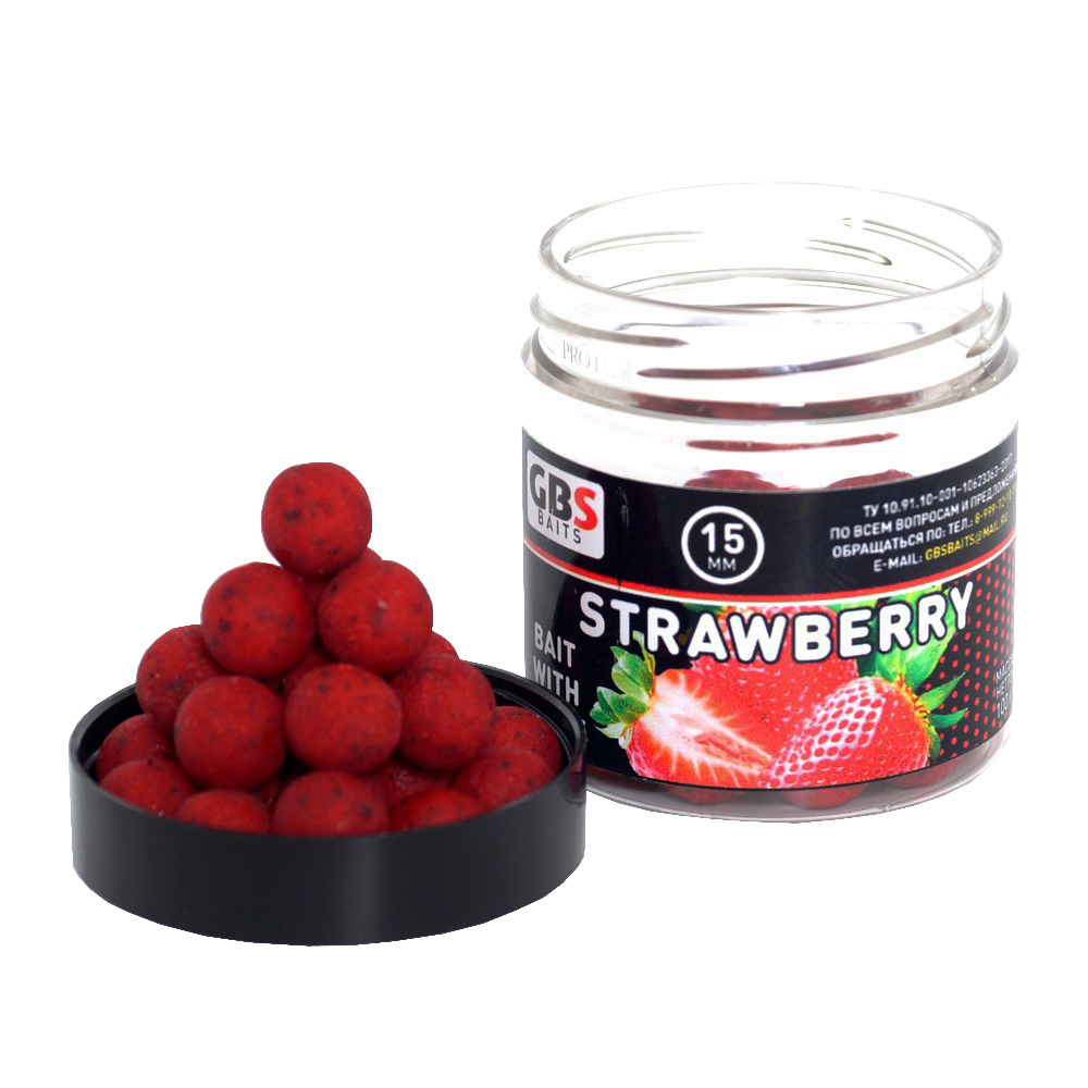 Бойлы GBS baits "STRAWBERRY" тонущие 15мм, 100г (банка). Фото №3