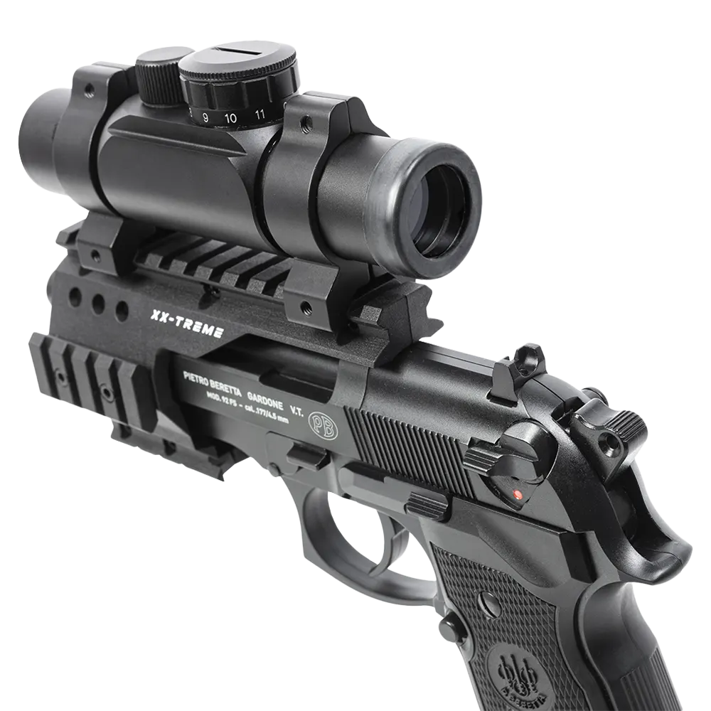 Пистолет пневматический Beretta M92 FS (глушитель, коллиматор, чёрный с чёрными пластиковыми накладками). Фото №3