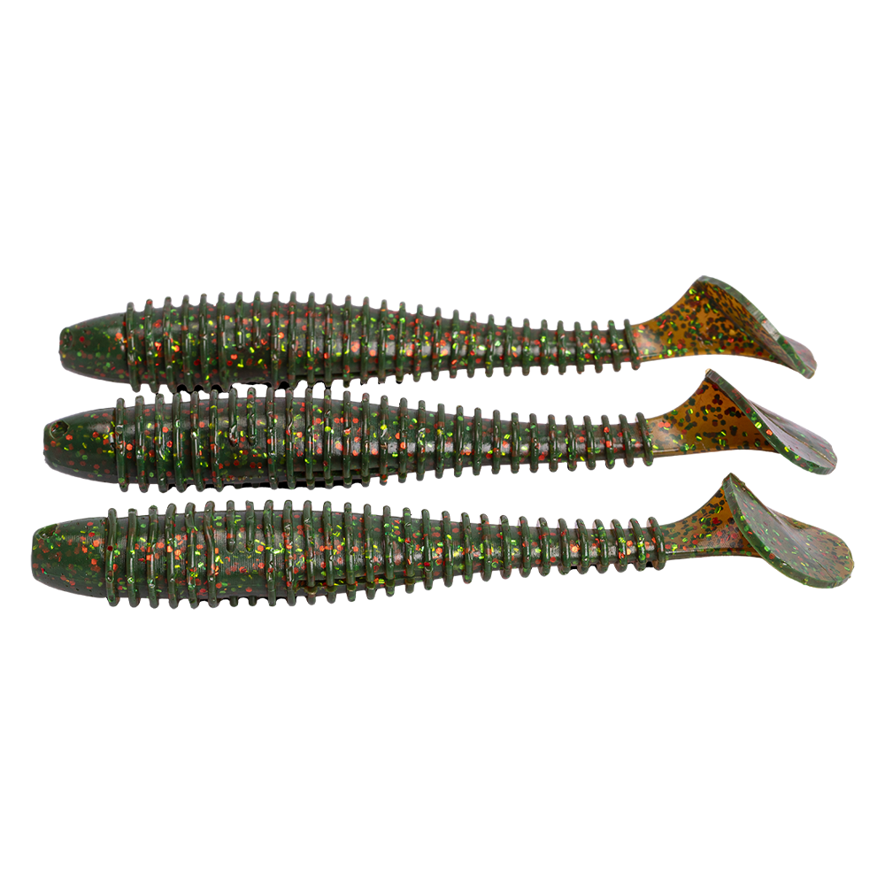 Виброхвост Esox Swinky Fat 5.5" 140мм, (3шт. упак.), цвет FK001 Motor Oil Green. Фото №4