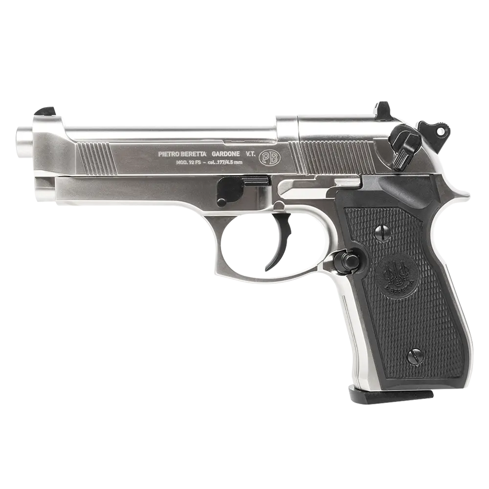 Пистолет пневматический Beretta M92 FS (никель с чёрными пластиковыми накладками). Фото №2