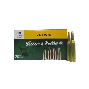 Патрон нарезной SELLER&BELLOT калибр 243 WIN FMJ Hornady 5,2 гр. (в пачке 20 шт.). Фото №1