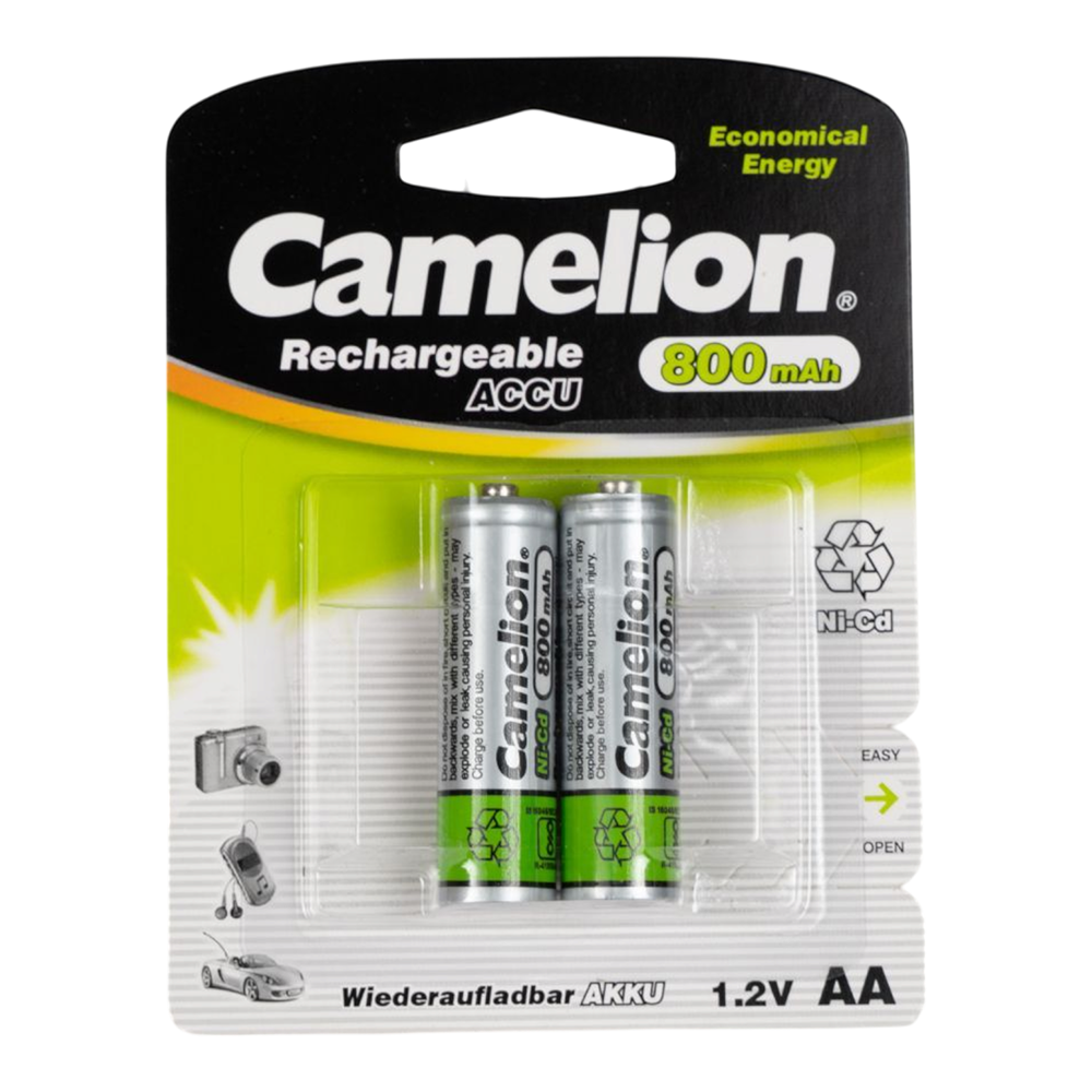 Батарейка аккумуляторная Camelion AA- 800mAh Ni-Cd BL-2 (NC-AA800BP2, аккумулятор,1.2В). Фото №1