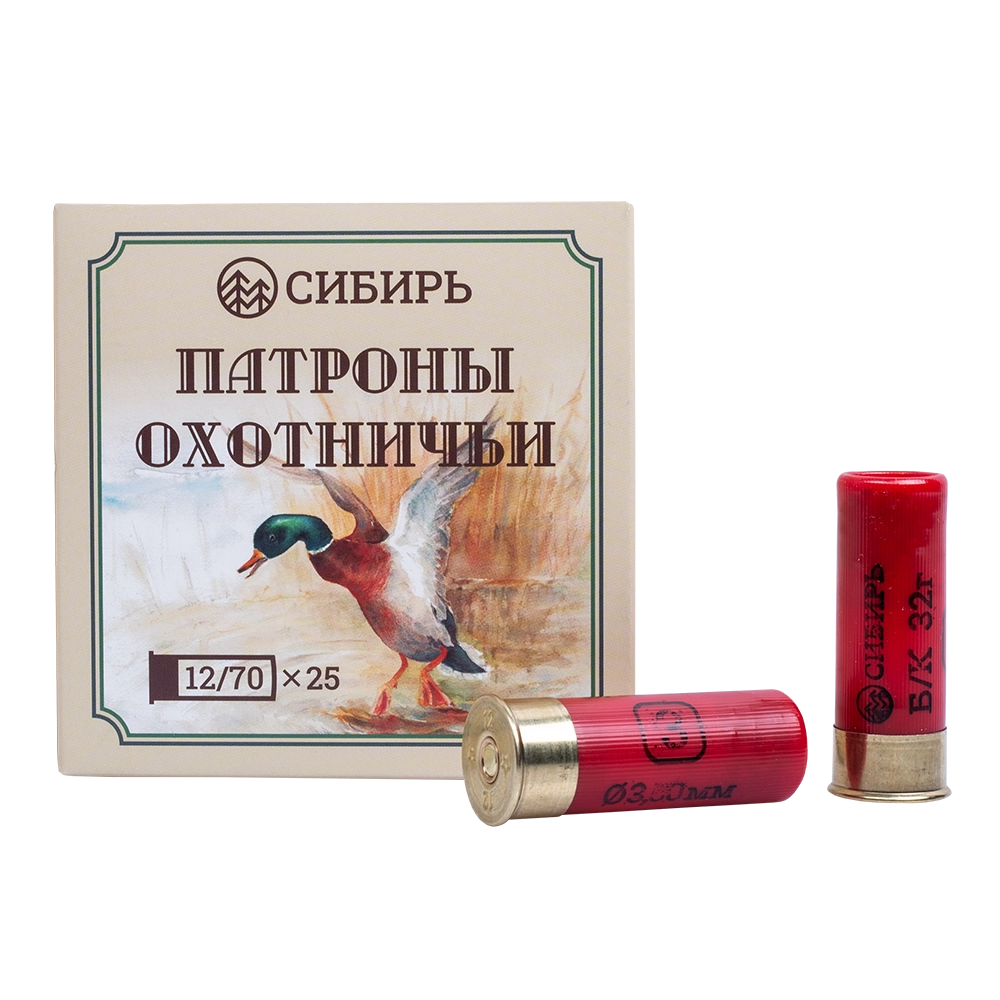 Патрон СИБИРЬ PREMIUM 12/70 охот. дробовой 32г №3 б/к (в пачке 25 шт) (в коробке 250шт). Фото №1