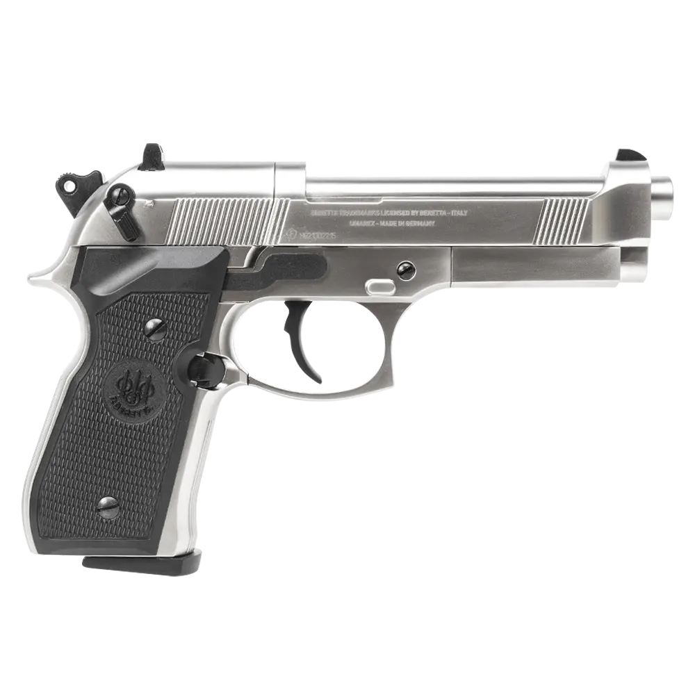 Пистолет пневматический Beretta M92 FS (никель с чёрными пластиковыми накладками). Фото №1