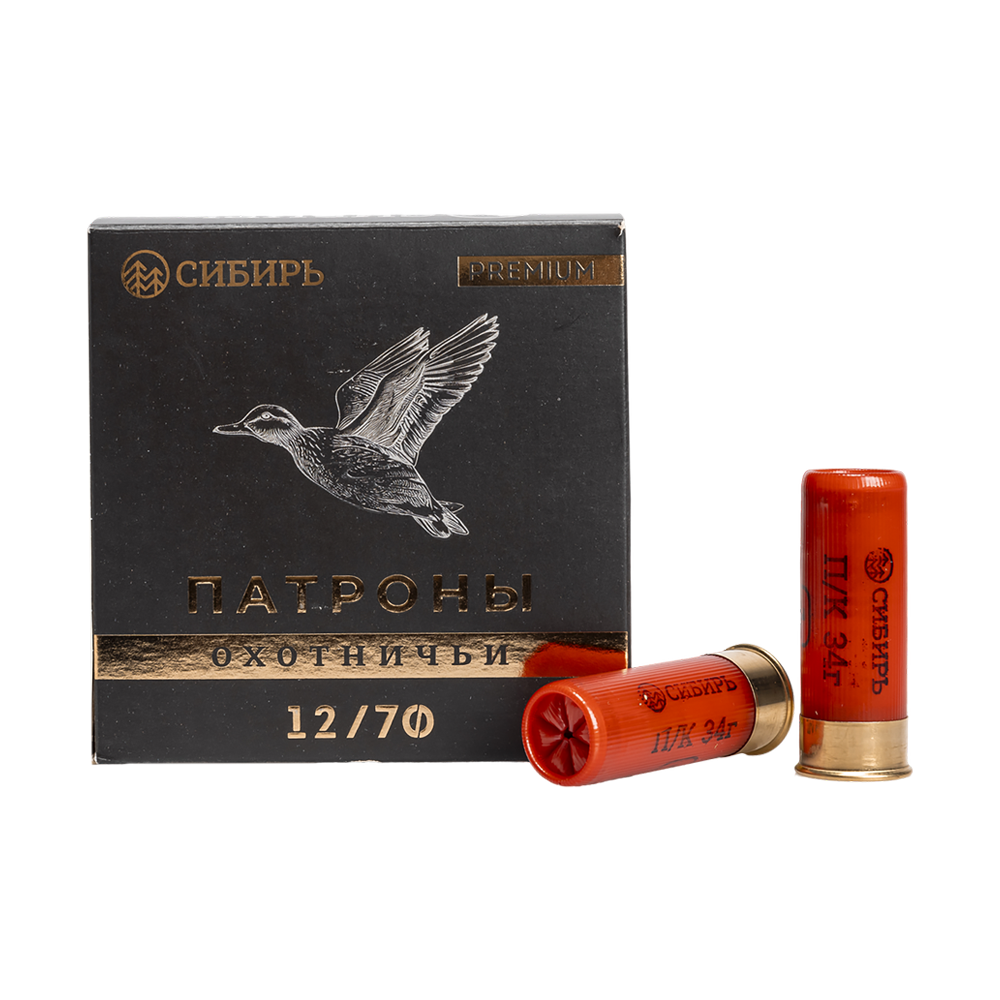Патрон СИБИРЬ PREMIUM 12/70 охотничий дробовой 34г №1  (пачка 25 шт) (в коробке 250шт). Фото №1