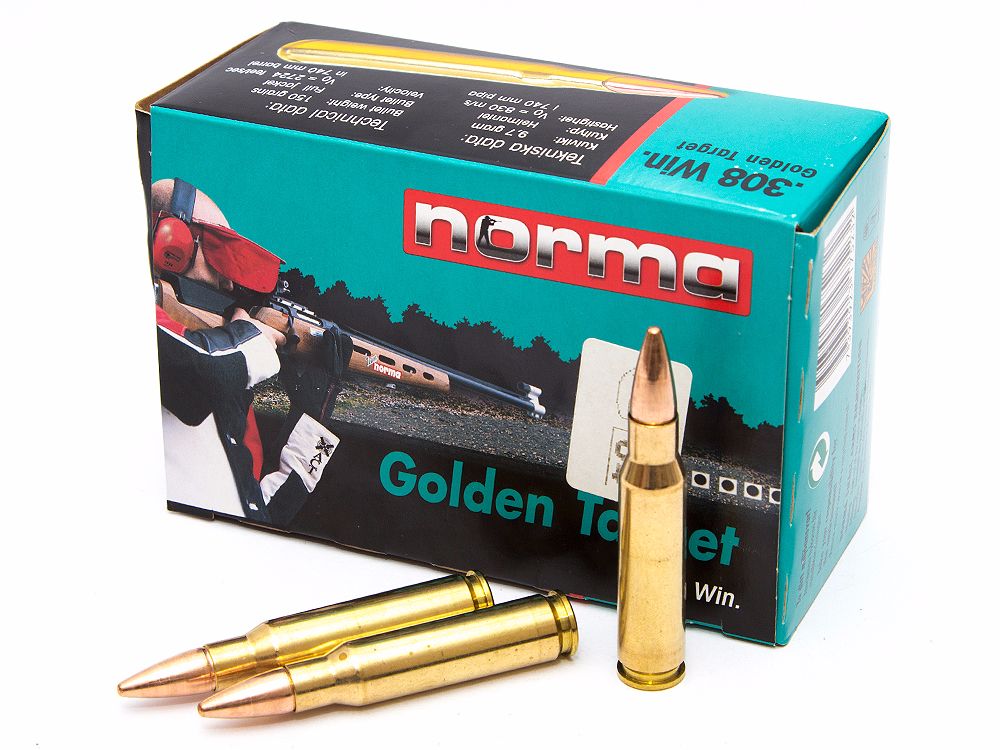 Патрон нарезной NORMA калибр 308 WIN FMJBT Golden Target 9,7 гр. 150 grn. (в пачке 50 шт.). Фото №1