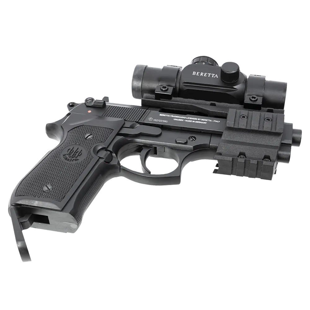 Пистолет пневматический Beretta M92 FS (глушитель, коллиматор, чёрный с чёрными пластиковыми накладками). Фото №5