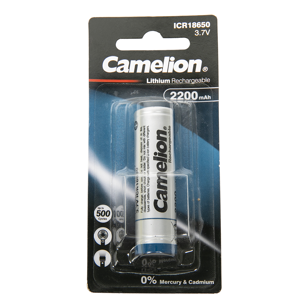 Батарейка аккумуляторная Camelion  ICR18650  2200 mah (ICR18650F-22BP1, 3.7 V, Li-Ion/ LiCoO2). Фото №1