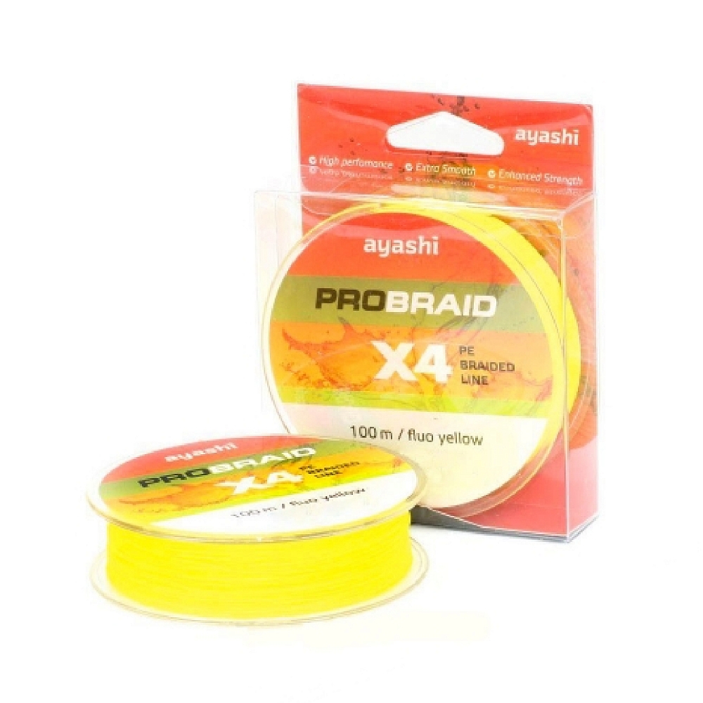 Плетенный шнур Ayashi PRO BRAID-X4 (fluo yellow) d-0,16mm (100м). Фото №2