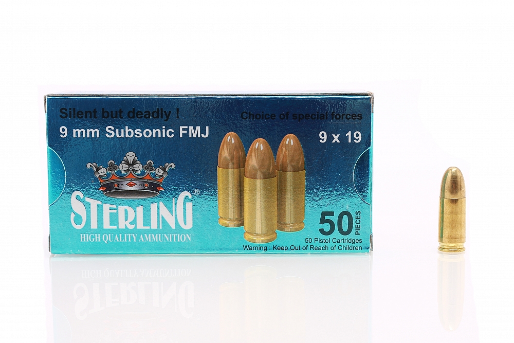 Патрон нарезной STERLING калибр 9X19 LUGER SUBSONIC FMJ 9,8 гр. 147 grn. (в пачке 50 шт.) (в кор 1500). Фото №1