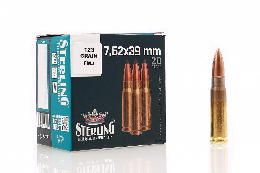 Патрон нарезной STERLING калибр 7,62X39  FMJ 7,9 гр. 123 grn. (в пачке 20 шт.) (в коробке 1000 шт.). Фото №1