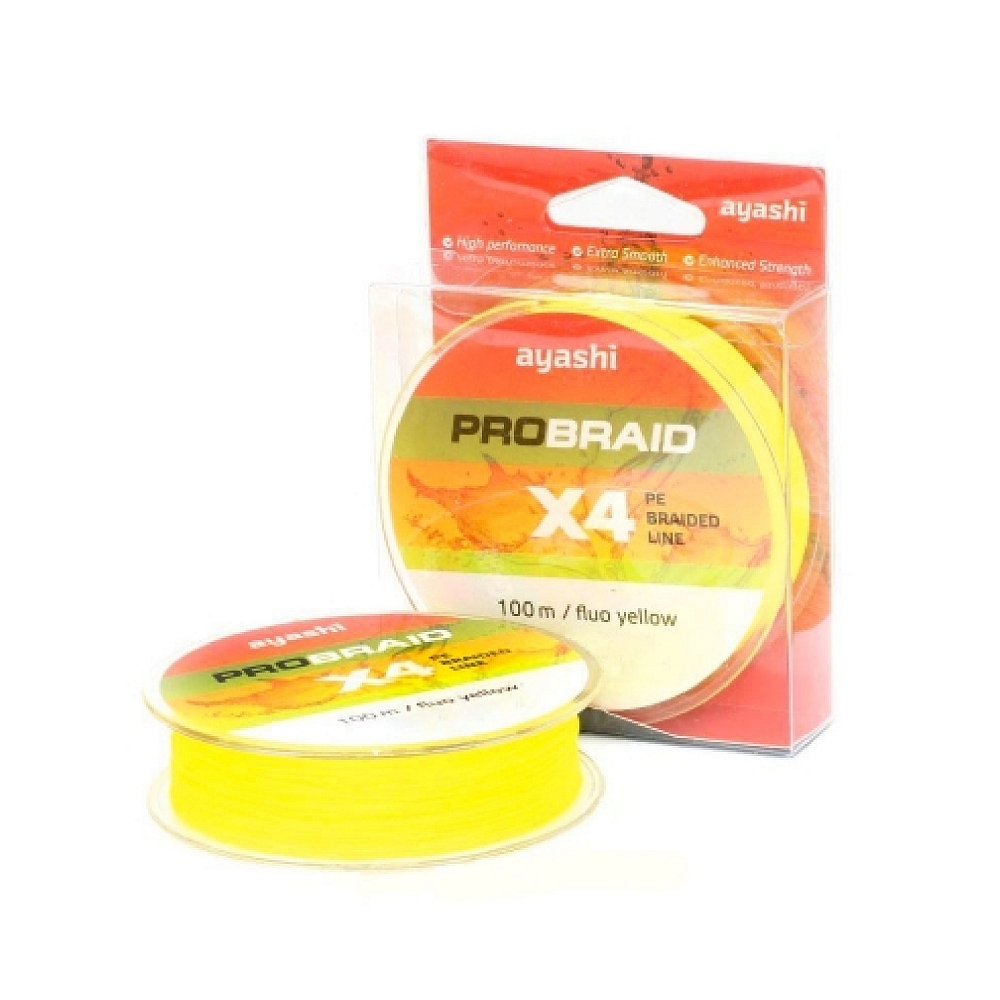 Плетенный шнур Ayashi PRO BRAID-X4 (fluo yellow) d-0,18mm (100м). Фото №1