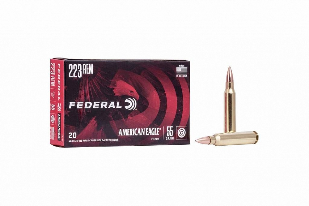 Патрон нарезной FEDERAL калибр 223 REM AE FMJ BT 3,56 гр. 55 grn. (в пачке 20 шт.). Фото №1