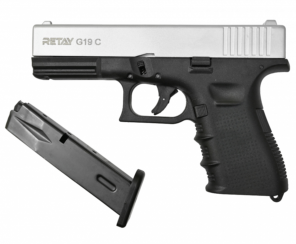 Пистолет охолощенный RETAY G19C, (Glock 19), Хром, калибр 9mm. P.A.K. Фото №4 Пистолет охолощенный RETAY G19C, (Glock 19), Хром, калибр 9mm. P.A.K. Фото №4