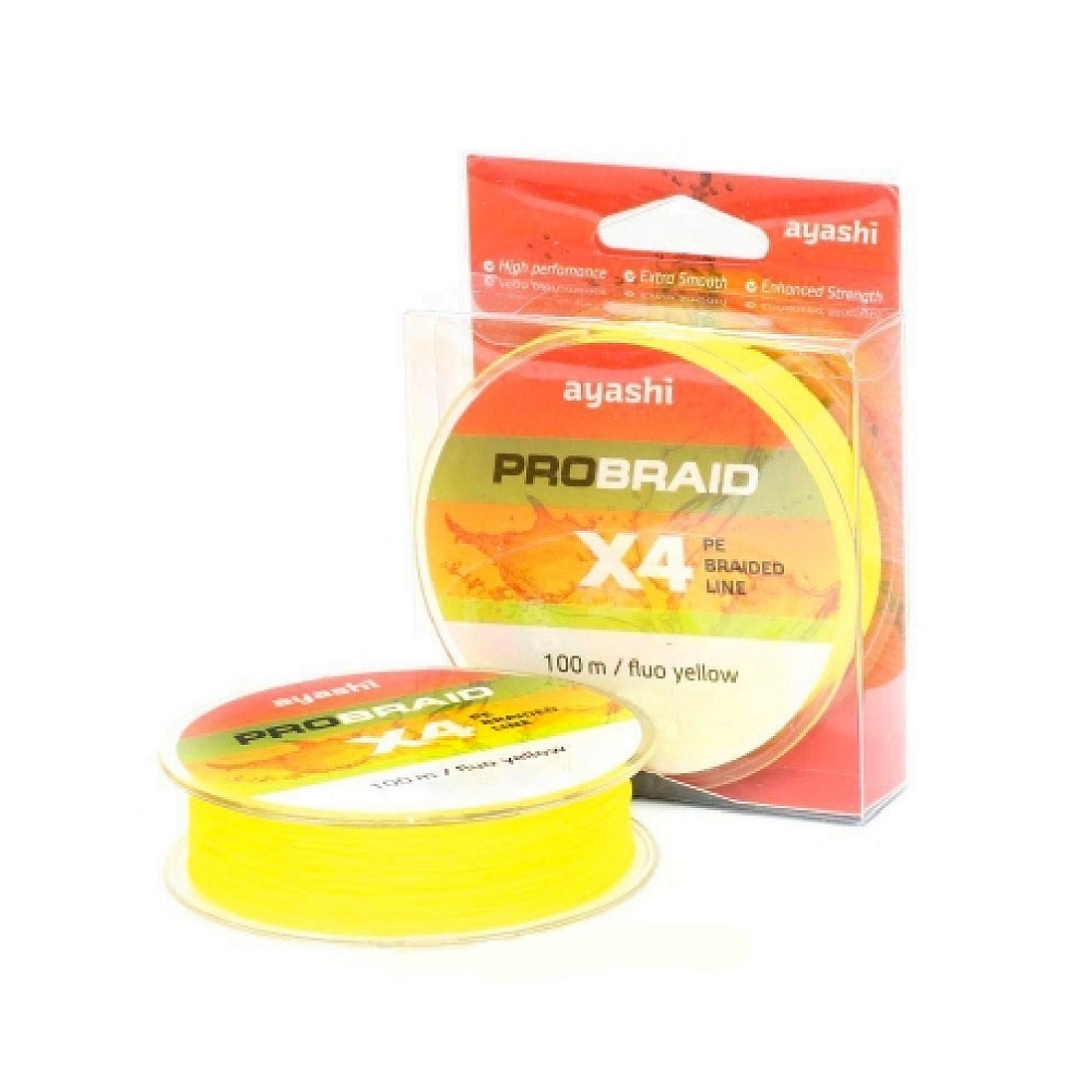 Плетенный шнур Ayashi PRO BRAID-X4 (fluo yellow) d-0,14mm (100м). Фото №2