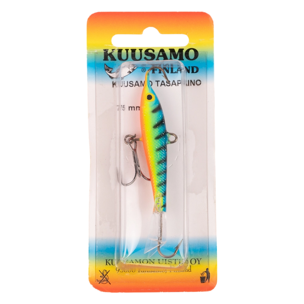 Балансир Kuusamo Tasapaino 75мм, 18гр, цвет (RB/BLU/FR) с тройником. Фото №1